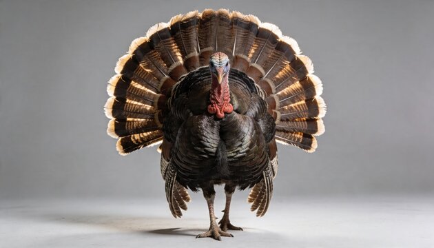 A male wild turkey displays its fanned tail feathers in a full frontal view against a neutral gray background