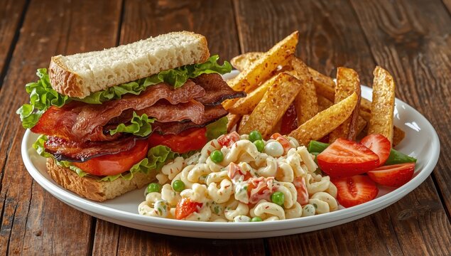 BLT sandwich with pasta salad and fries