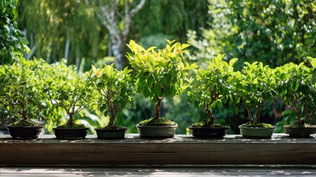 Calm garden lineup of ficus trees and bonsai, natural light, verdant leaves, and a vivid yellow flowering focal point