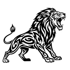 Obraz premium Roaring Lion Tribal Vector Illustration, Powerful Lion Silhouette in Ethnic Style for Tattoo or Mascot Design