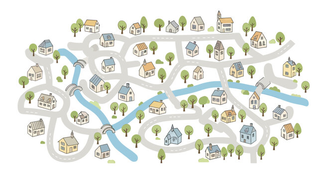 Vector Doodle Illustration of a Small Town Map with Houses, Winding Roads, Bridges and River