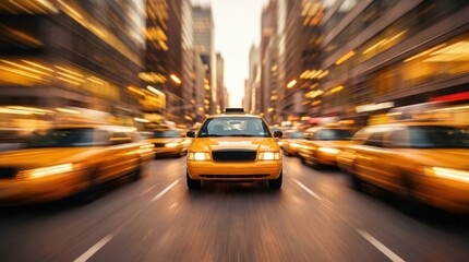 Fototapeta premium Dynamic Motion Blur of Yellow Taxis on a Busy City Street at Dusk.