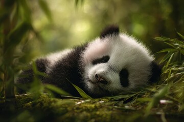 Obraz premium Close-up photograph of a panda cub napping among green bamboo and soft grass