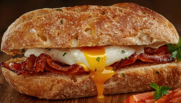 Bread roll with poached egg and bacon