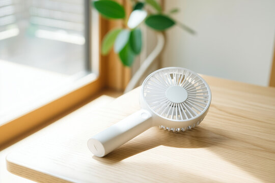 木のテーブルに置かれたハンディファンの夏の静物イメージ