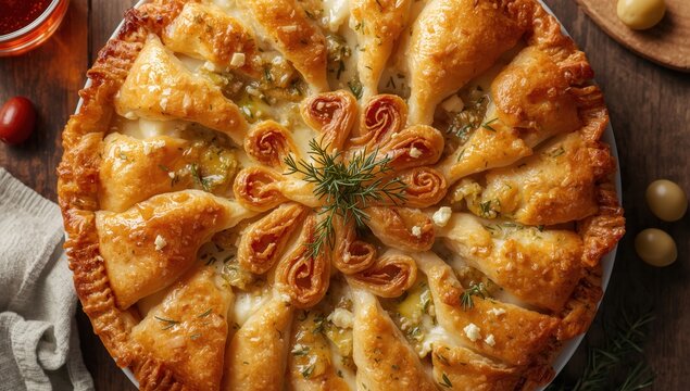 Classic phyllo pie with feta cheese. Aerial view.
