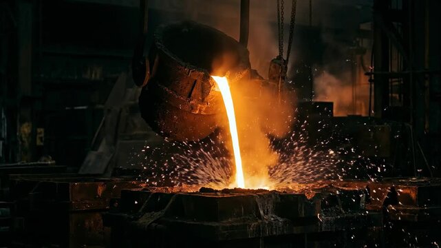 Cinematic slow motion shot of glowing hot molten metal pouring from a large industrial crucible with flying sparks in a dark foundry