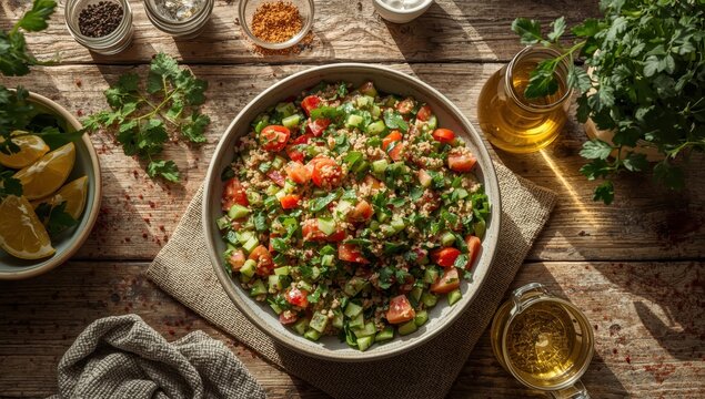 Classic tabbouleh salad with its ingredients on the countertop.