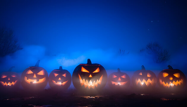 Glowing jack-o-lanterns line up on a misty night with carved faces aglow.