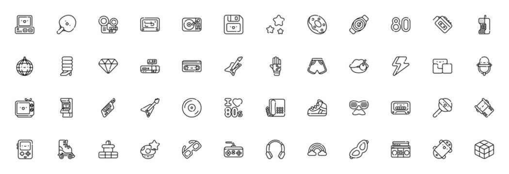 Eighties icon set. 80s retro vector collection. Includes symbols for computer, walkman, cassette, vinyl, disco ball, arcade games, rubik's cube, roller skate and more.