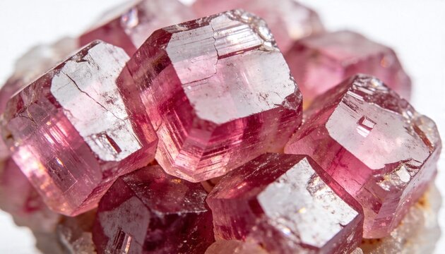 Close-up macro view of a cluster of sparkling pink spinel crystals with geometric facets and natural formations