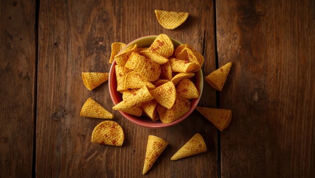 Corn chip cones in a bowl on a kitchen table. Overhead view.