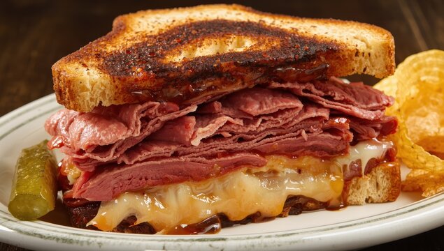 Corned beef, cheese, and sauerkraut sandwich. Iconic New York meal.