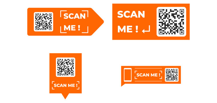 Modern Orange QR Code Label Set with Scan Me Text and Digital Icons