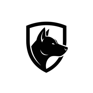 Professional K9 Security Guard Dog Silhouette in Shield Emblem, Protection Service Logo Vector Illustration