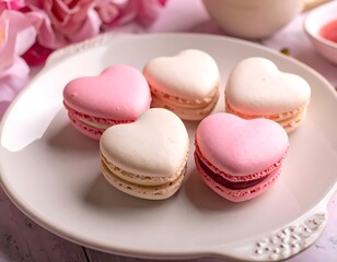 Obraz premium A plate of heart-shaped macarons in pink and white colors