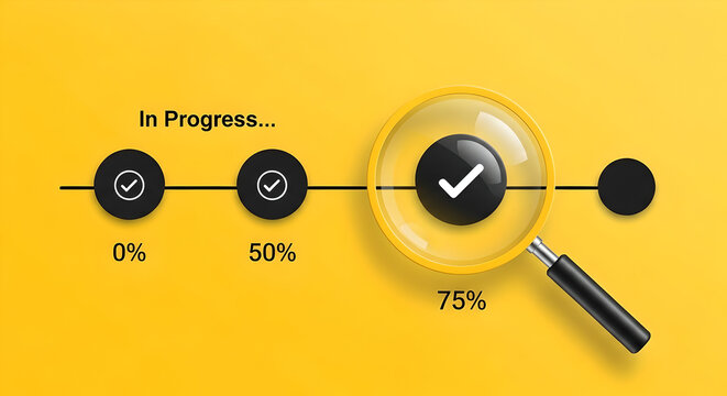 A prominent magnifying glass highlights the 75% mark on a linear progress bar, indicating detailed examination and significant advancement in a project.
