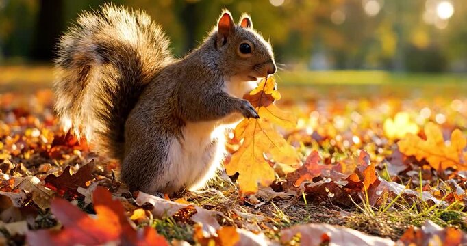 A small grey squirrel foraging for food in a forest during autumn