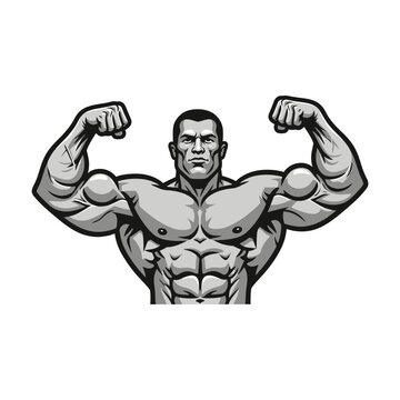 Muscular Bodybuilder Flexing Biceps Vector Illustration, Front Double Bicep Pose Mascot for Gym and Fitness Branding