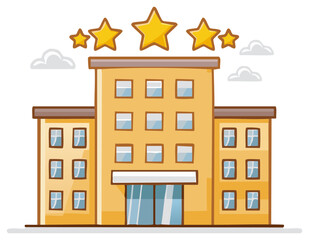 Naklejka premium Hotel Cartoon Illustration with Five Golden Stars Above Building Rating Review