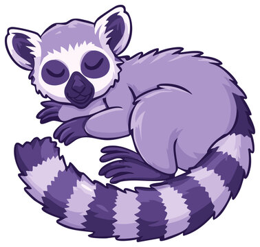 Cartoon Lemur curled up and sleeping in purple hues illustration