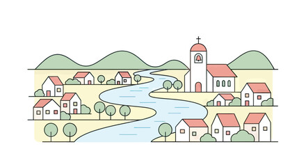 Naklejka premium Flat Line Art Illustration of a Peaceful Village Landscape with Winding River, Houses, Church and Mountains