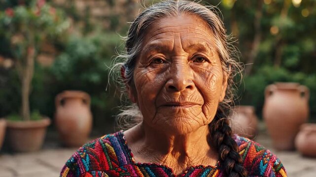 Elderly woman portrait with traditional clothing and natural environment