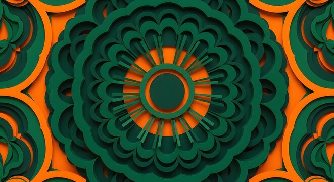 Abstract 3d mandala pattern with layered green and orange geometric shapes