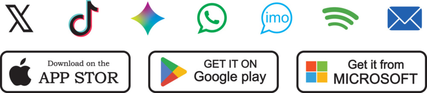 Popular social media logo icons with Google Play, App Store and Microsoft Store download App buttons.  with google play and app store buttons. Most popular social media logo icons in color and black