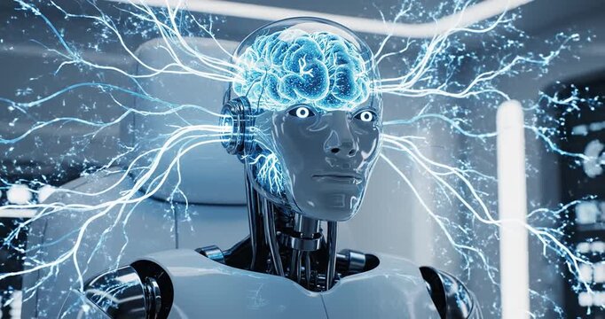 Futuristic humanoid robot with glowing brain connections in a sleek, high-tech environment