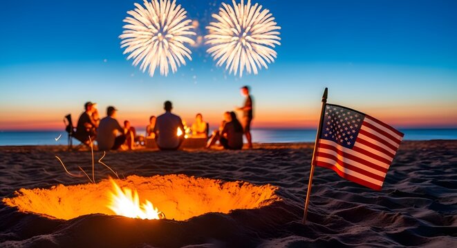 Group of friends enjoying a beach bonfire at sunset with fireworks in the sky and an american flag in the foreground celebrating independence day