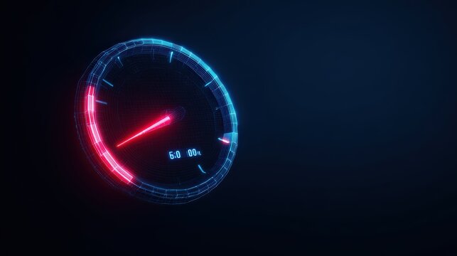 Futuristic speedometer with vibrant neon accents and cutting-edge design, indicating speed and performance. ..Created with Generative AI, not depicting real subjects.