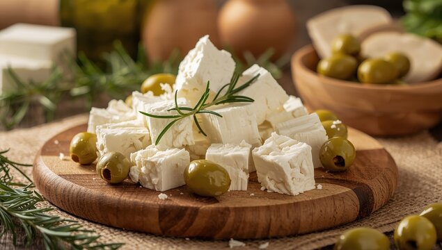 Feta cheese cubes with olives and rosemary on brown paper on a wooden board.