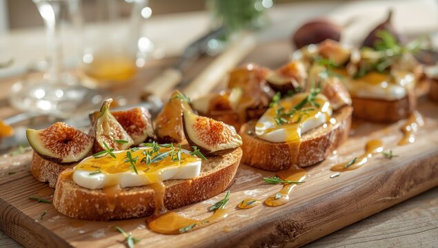 Fig and Dorblu cheese bruschetta drizzled with honey and thyme.