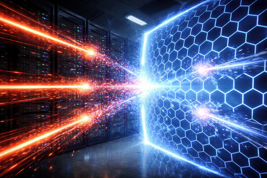 Digital firewall shield with hexagonal grid stopping cyber attack streams in a data center. Concept of network security, protection, and data defense technology.