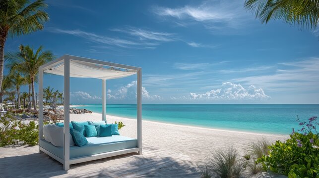 Luxurious white canopy daybed with plush turquoise cushions sits on a pristine white sand beach beside a turquoise ocean under a bright blue sky with scattered clouds and palm.