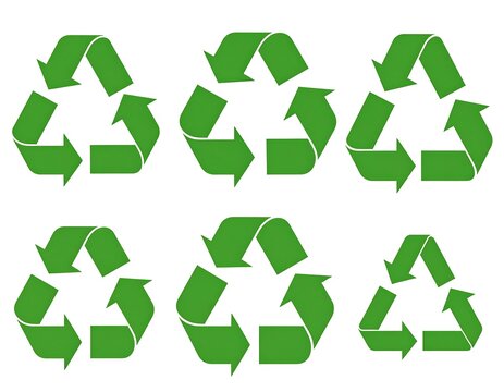 Six green, stylized triangular arrows. Each symbol depicts the universal recycling icon, oriented differently