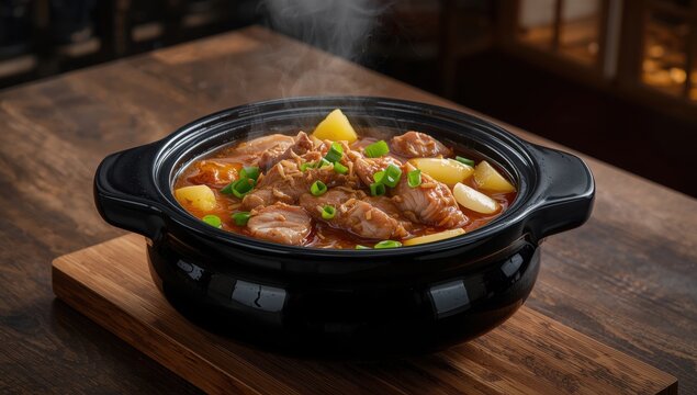 Gamjatang, a meat and vegetable dish in a black pot, served on a wooden table.