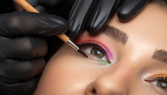 Gloved hands mix pigment in a ring with a paint cup for microblading eyebrows.