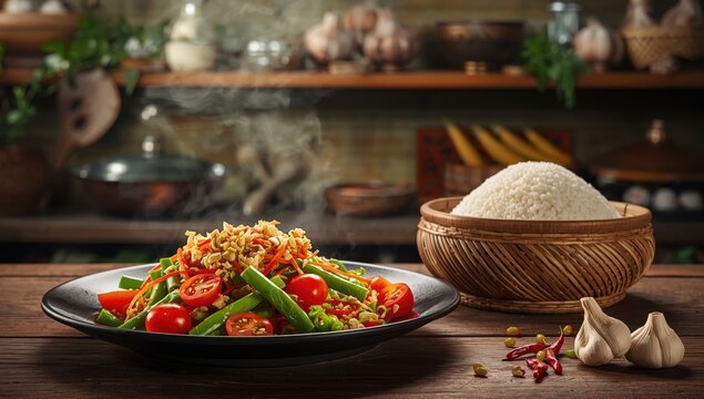 Glutinous rice, papaya salad, Thai Isan cuisine, Lao-style Som Tum.
