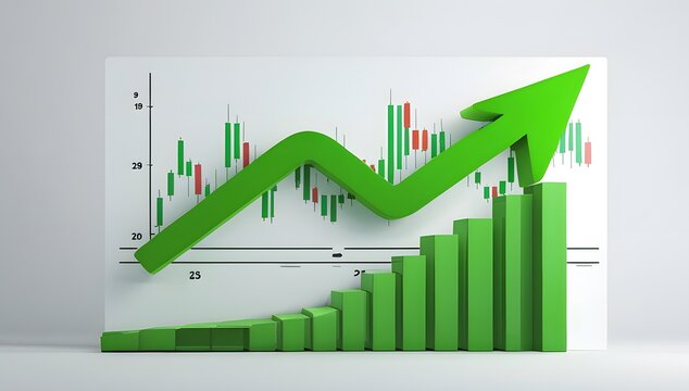 A vibrant green arrow on green bars, upward business trending concepts