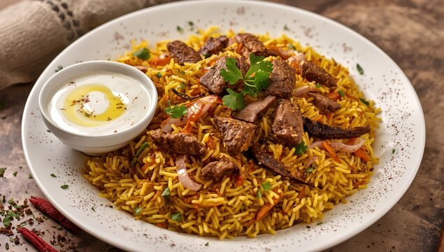 Homemade beef biryani with yogurt sauce.