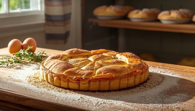 Homemade cheese pie with phyllo, feta, and organic eggs. Bulgarian banitsa.