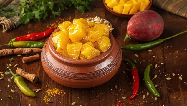 Homemade mango pickle preserved in a clay pot with ingredients.