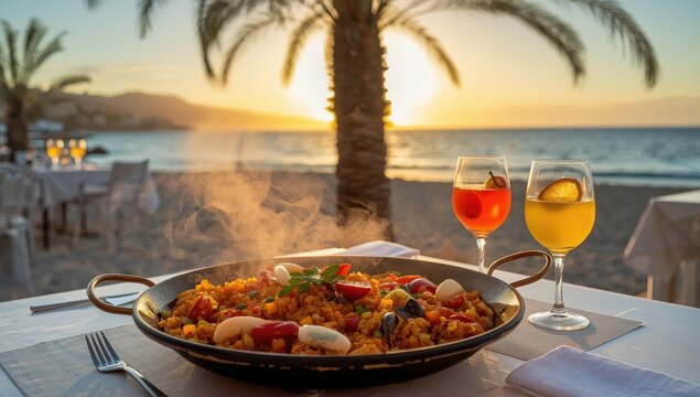 Ibiza coast at sunset with paella, cocktails, and a palm tree.