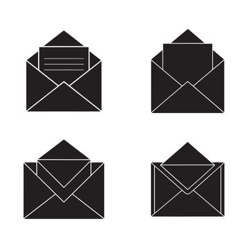 Four black and white icons of opened envelopes with and without letters inside for mail and communication purposes
