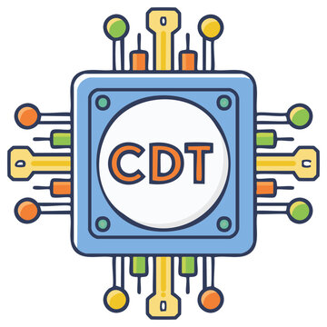 Illustration of a circuit board with the letters CDT inside a circle