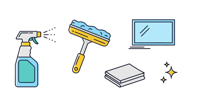 Cleaning supplies set illustration spray bottle squeegee cloth and window