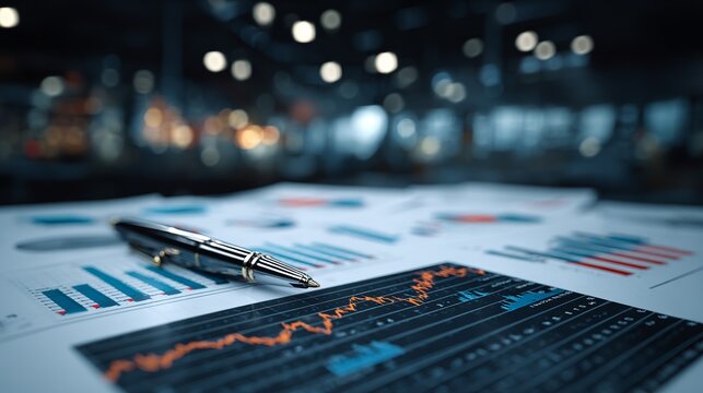 Stock market trading concept with printed candlestick charts, financial documents and calculator on executive desk, dramatic office lighting