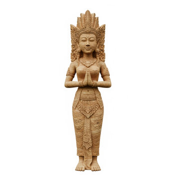 Traditional Cambodian Apsara Stone Statue in Prayer Pose Isolated on White Background.